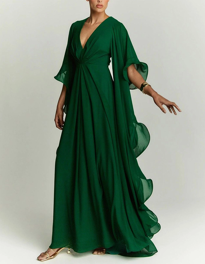 Emerald Green Chiffon Ruffle Cape Maxi Dress