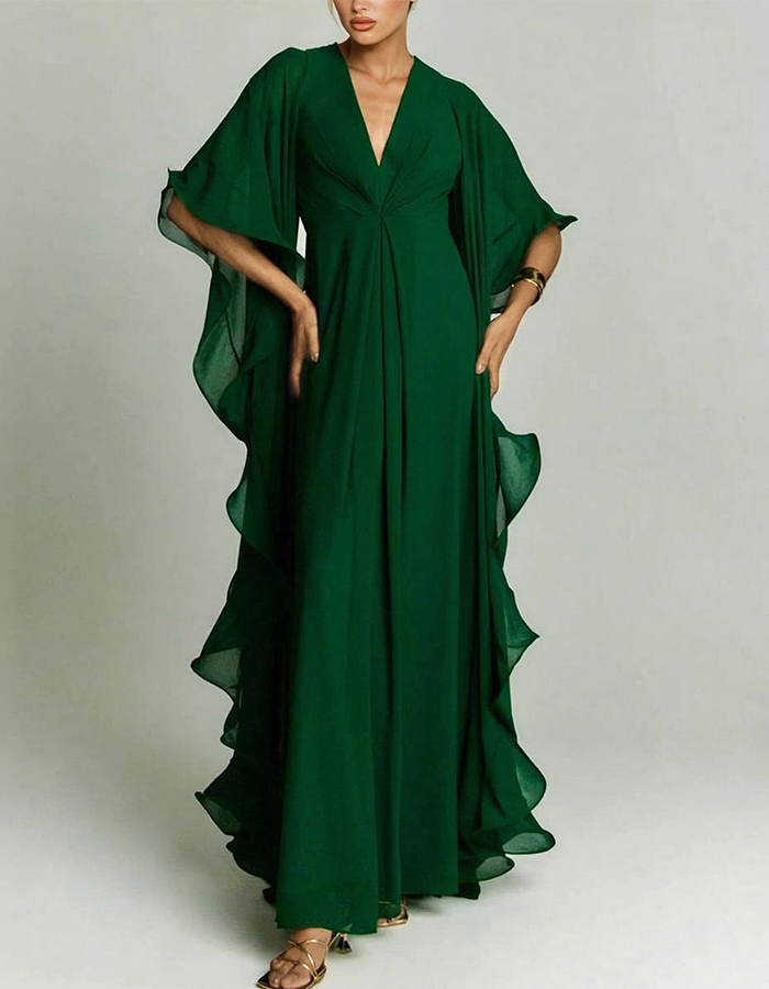 Emerald Green Chiffon Ruffle Cape Maxi Dress