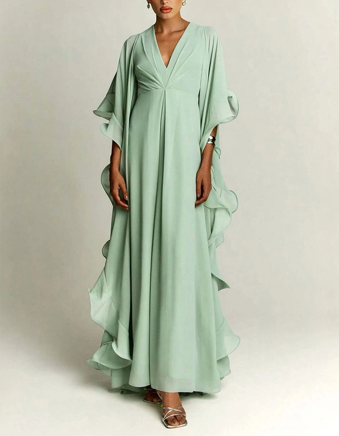 Emerald Green Chiffon Ruffle Cape Maxi Dress