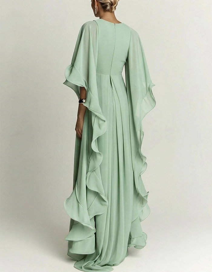 Emerald Green Chiffon Ruffle Cape Maxi Dress