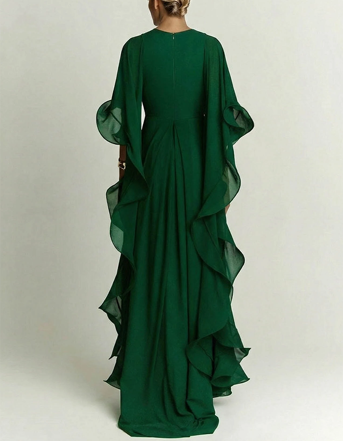 Emerald Green Chiffon Ruffle Cape Maxi Dress