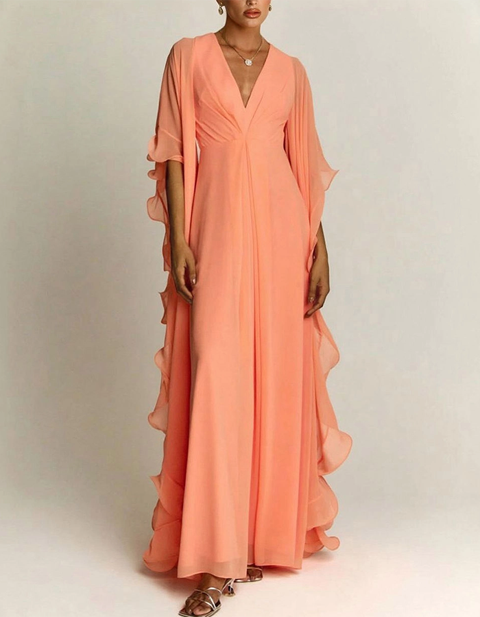 Emerald Green Chiffon Ruffle Cape Maxi Dress