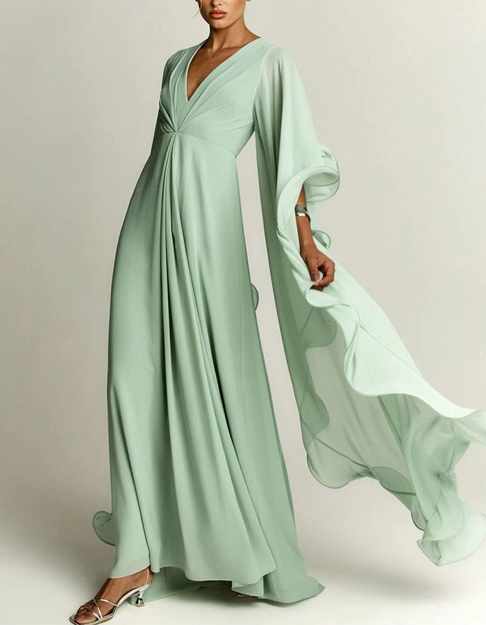Emerald Green Chiffon Ruffle Cape Maxi Dress