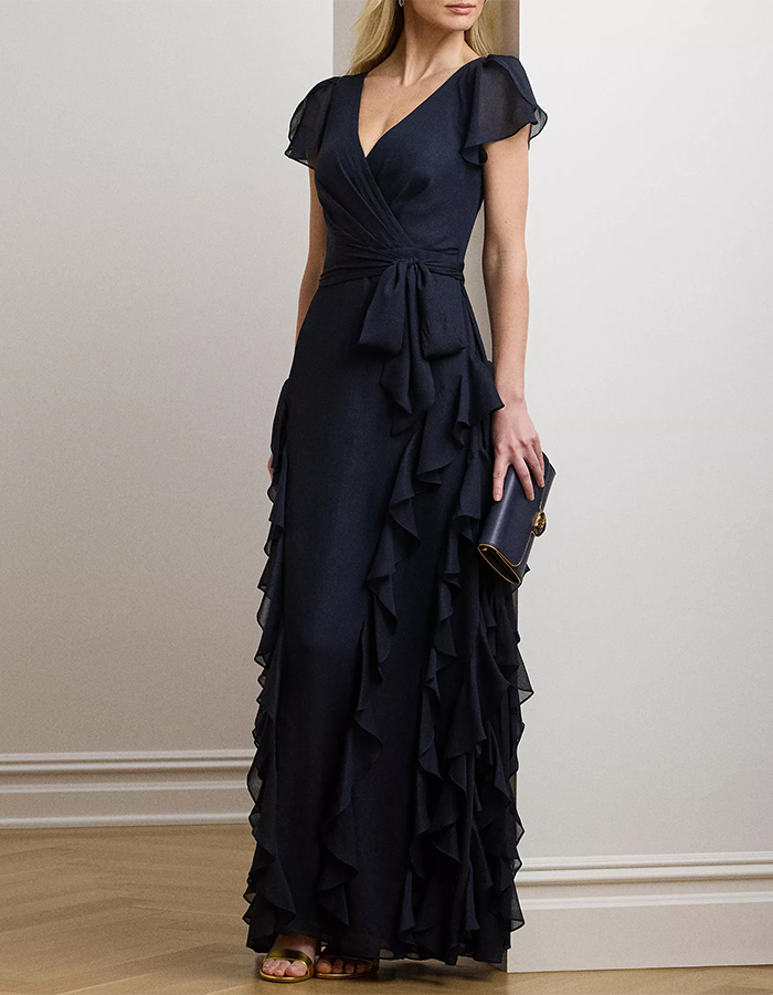 Navy Blue Chiffon Ruffle Wrap Maxi Dress