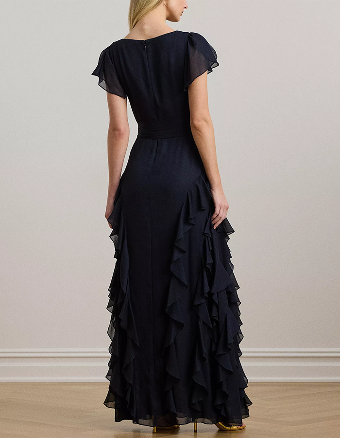 Navy Blue Chiffon Ruffle Wrap Maxi Dress