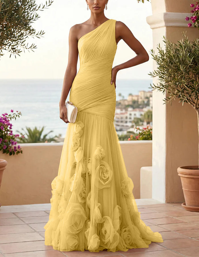 Vestido largo maxi con un hombro, color sólido, malla floral 3D y corte de cola de pez