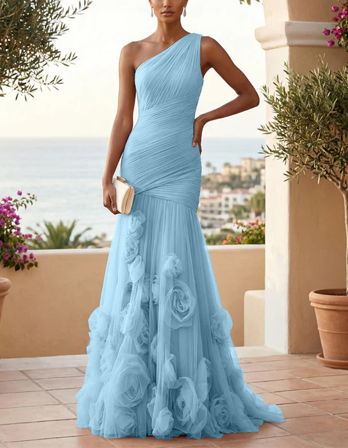 Vestido largo maxi con un hombro, color sólido, malla floral 3D y corte de cola de pez