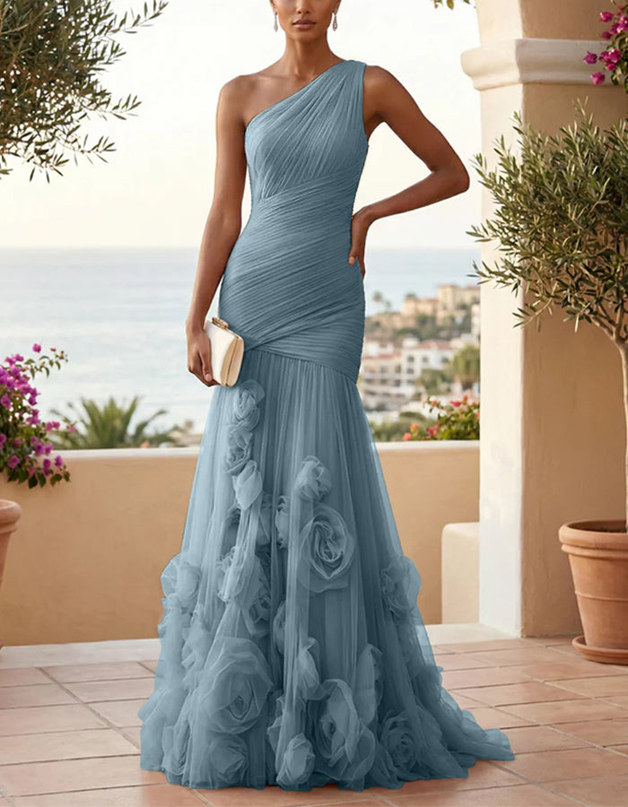 Vestido largo maxi con un hombro, color sólido, malla floral 3D y corte de cola de pez