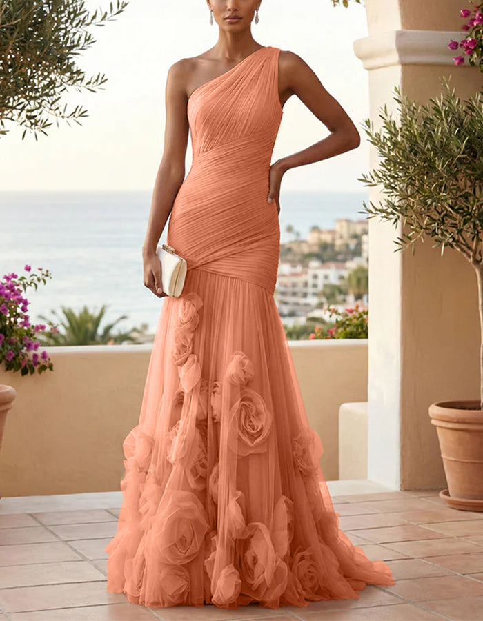 Vestido largo maxi con un hombro, color sólido, malla floral 3D y corte de cola de pez