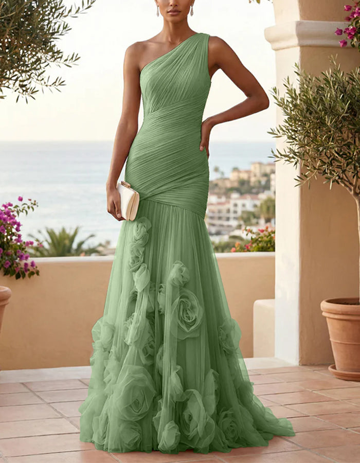 Vestido largo maxi con un hombro, color sólido, malla floral 3D y corte de cola de pez