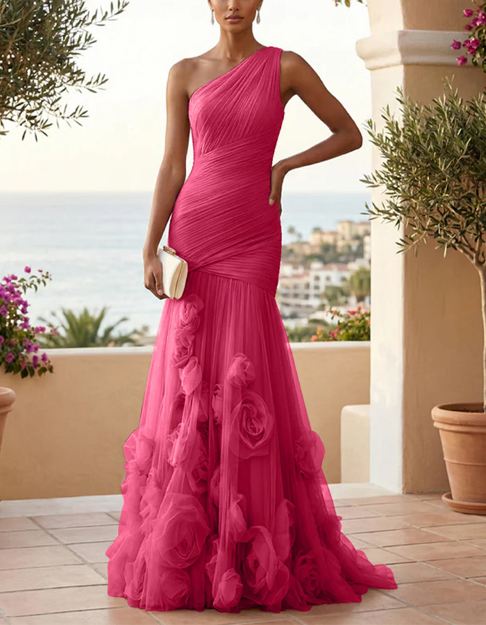 Vestido largo maxi con un hombro, color sólido, malla floral 3D y corte de cola de pez
