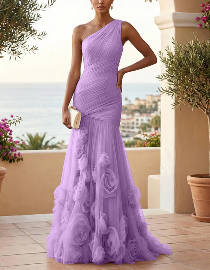 Vestido largo maxi con un hombro, color sólido, malla floral 3D y corte de cola de pez