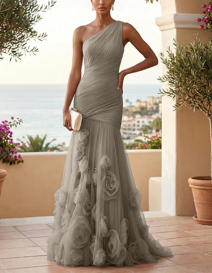 Vestido largo maxi con un hombro, color sólido, malla floral 3D y corte de cola de pez