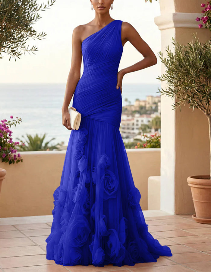 Vestido largo maxi con un hombro, color sólido, malla floral 3D y corte de cola de pez