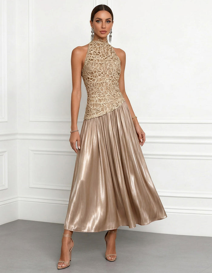 Champagne Halter Neck Lace Twist Satin Midi Dress