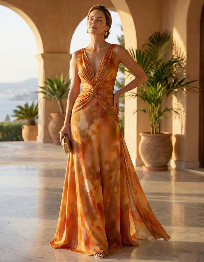 Warm Orange Tie Dye Print V-Neck Knot Maxi Dress