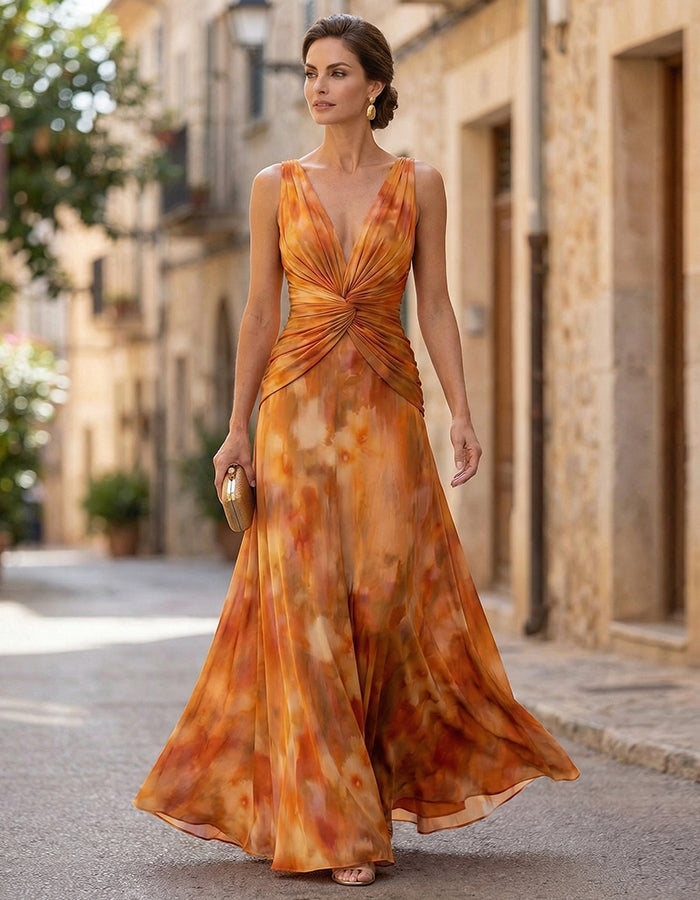 Robe longue à nœud et col en V imprimé tie-dye orange chaud
