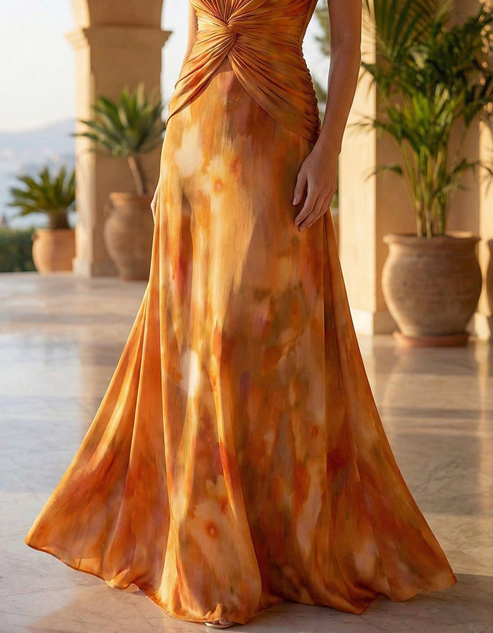 Robe longue à nœud et col en V imprimé tie-dye orange chaud