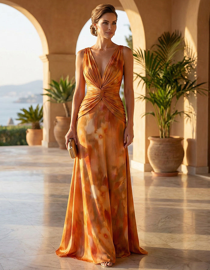 Robe longue à nœud et col en V imprimé tie-dye orange chaud