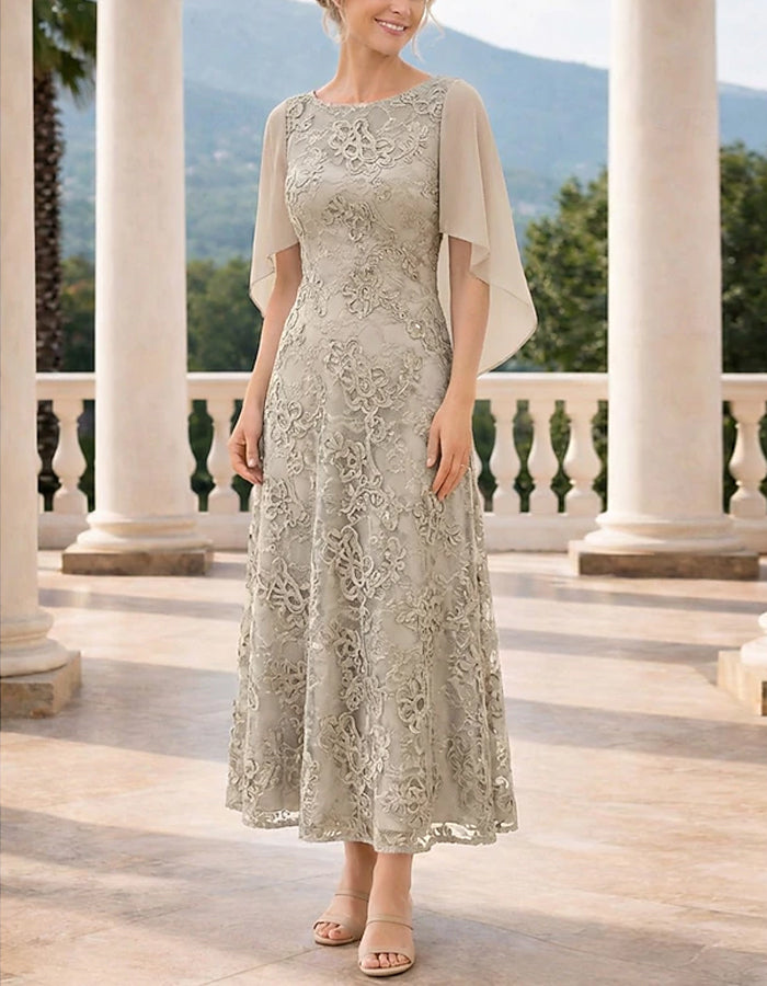 Vestido maxi de chifón con mangas de volantes y encaje liso