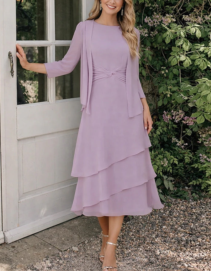 Solid Color Knotted Waist Chiffon Cake Layer Midi Dress
