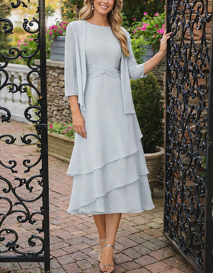 Solid Color Knotted Waist Chiffon Cake Layer Midi Dress