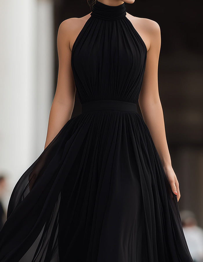 Black Chiffon Halter-Neck Maxi Dress