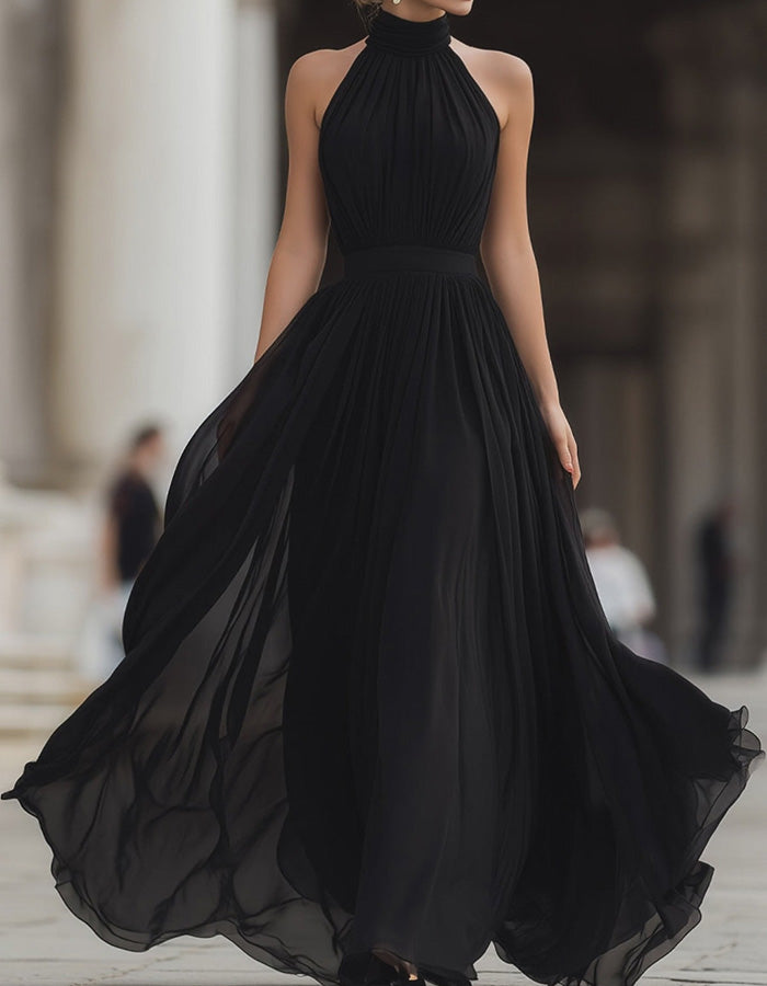 Black Chiffon Halter-Neck Maxi Dress