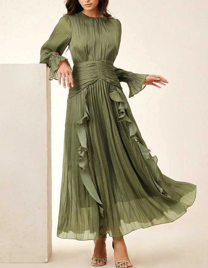 Olive Green Pleated Ruffle Maxi Dress