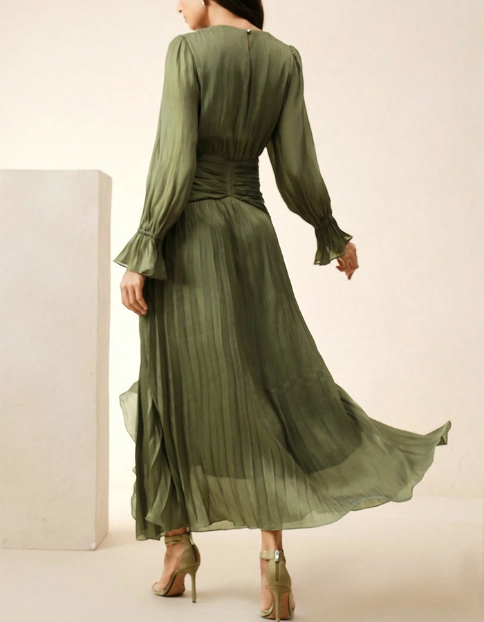 Olive Green Pleated Ruffle Maxi Dress