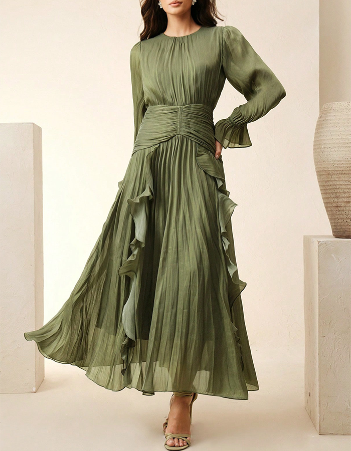 Olive Green Pleated Ruffle Maxi Dress