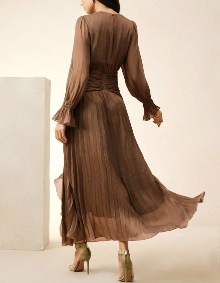 Olive Green Pleated Ruffle Maxi Dress