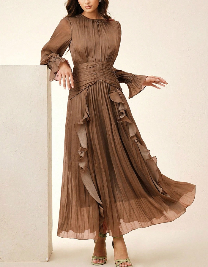 Olive Green Pleated Ruffle Maxi Dress