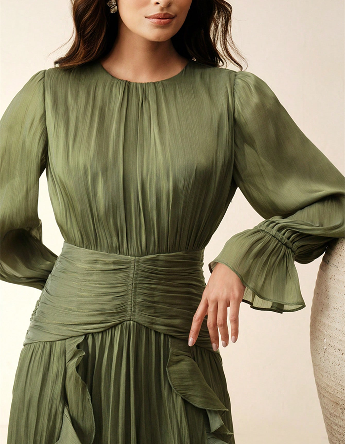 Olive Green Pleated Ruffle Maxi Dress