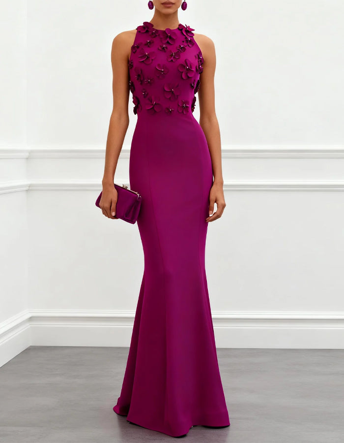 Plum 3D Flower Fishtail Halter Neck Maxi Dress