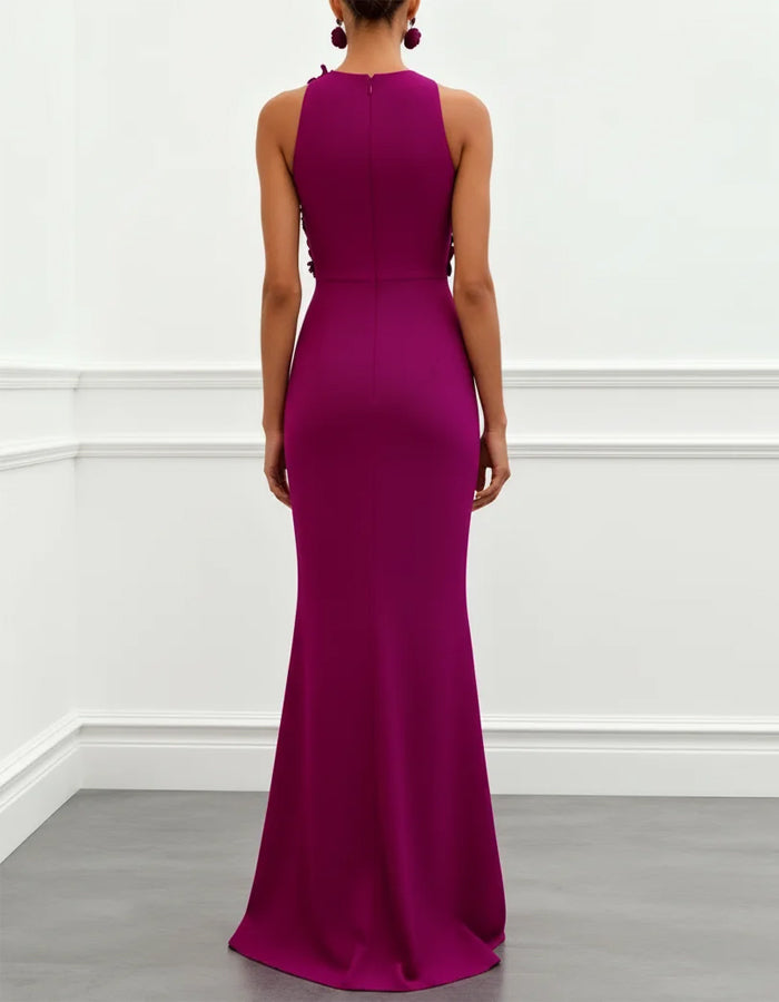 Plum 3D Flower Fishtail Halter Neck Maxi Dress