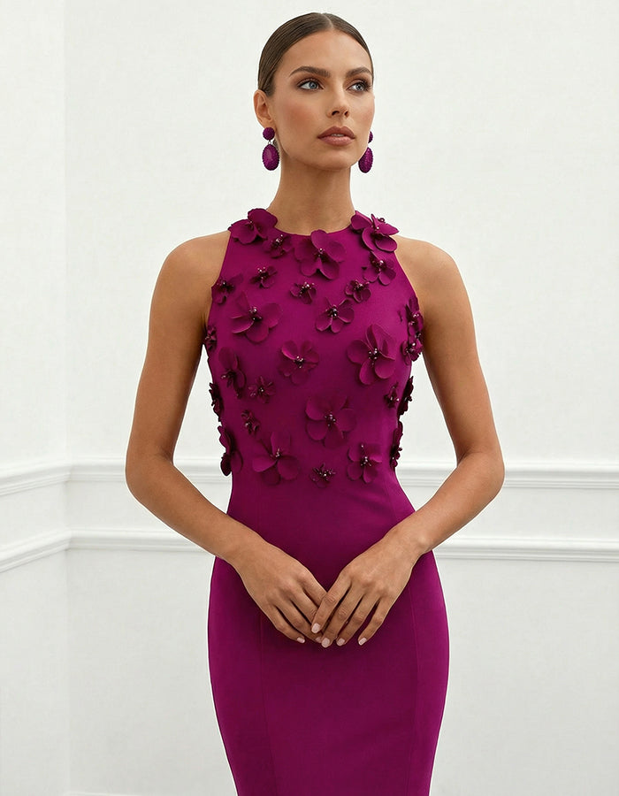 Plum 3D Flower Fishtail Halter Neck Maxi Dress