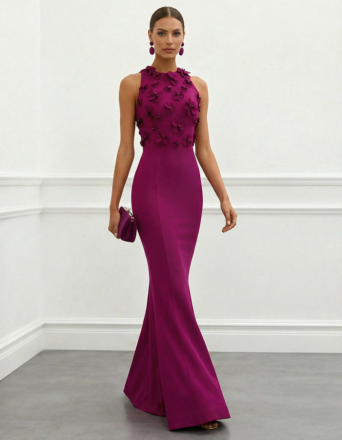 Plum 3D Flower Fishtail Halter Neck Maxi Dress