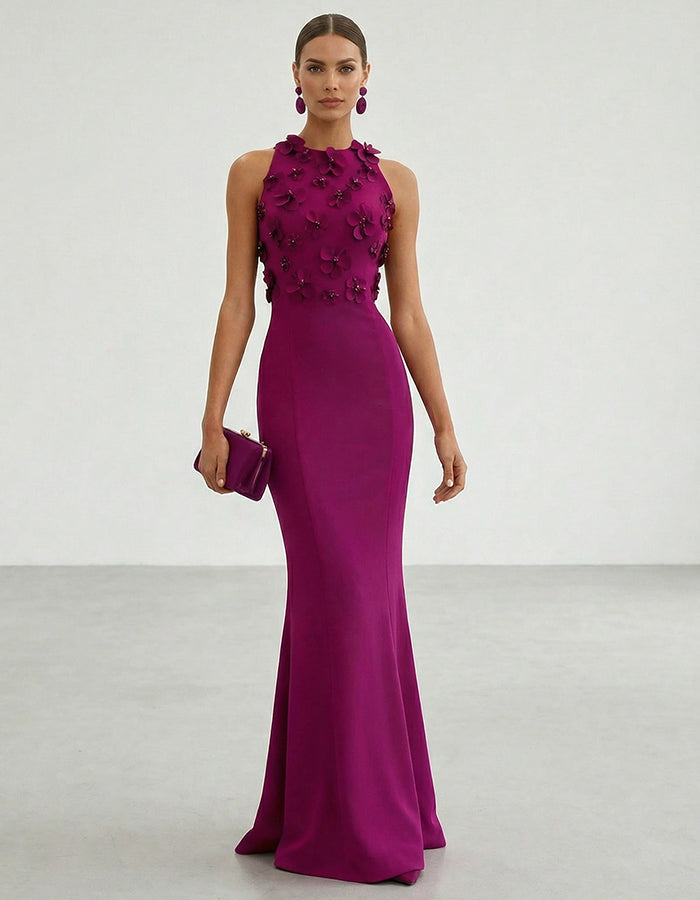Plum 3D Flower Fishtail Halter Neck Maxi Dress