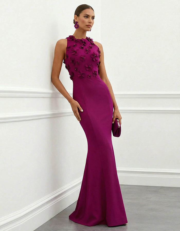 Plum 3D Flower Fishtail Halter Neck Maxi Dress