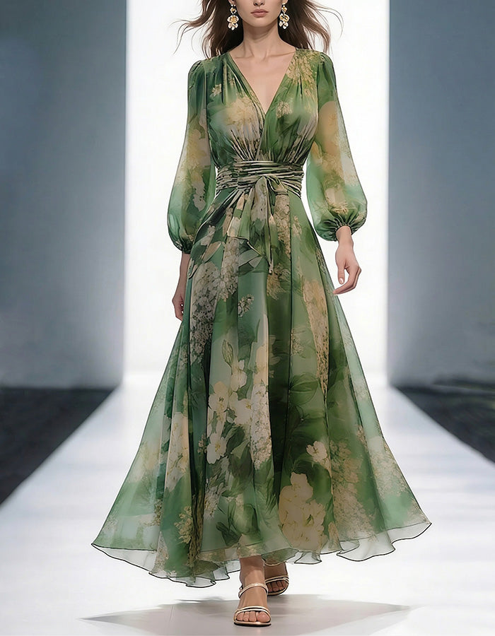 Green Floral Chiffon Wrap Maxi Dress