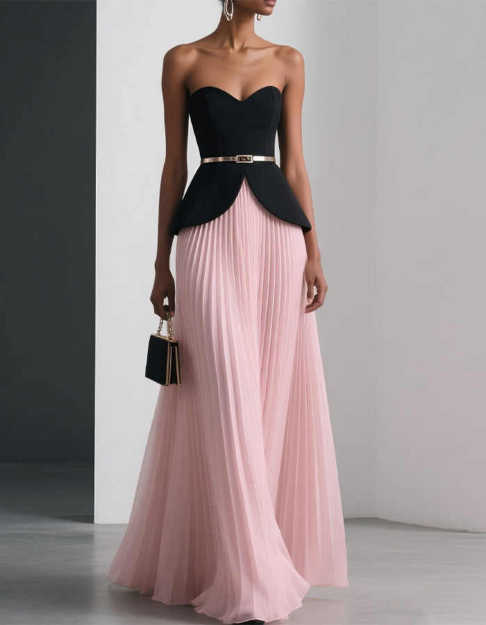 Black And Pink Strapless Pleated Chiffon Midi Skirt 2-Piece Suit