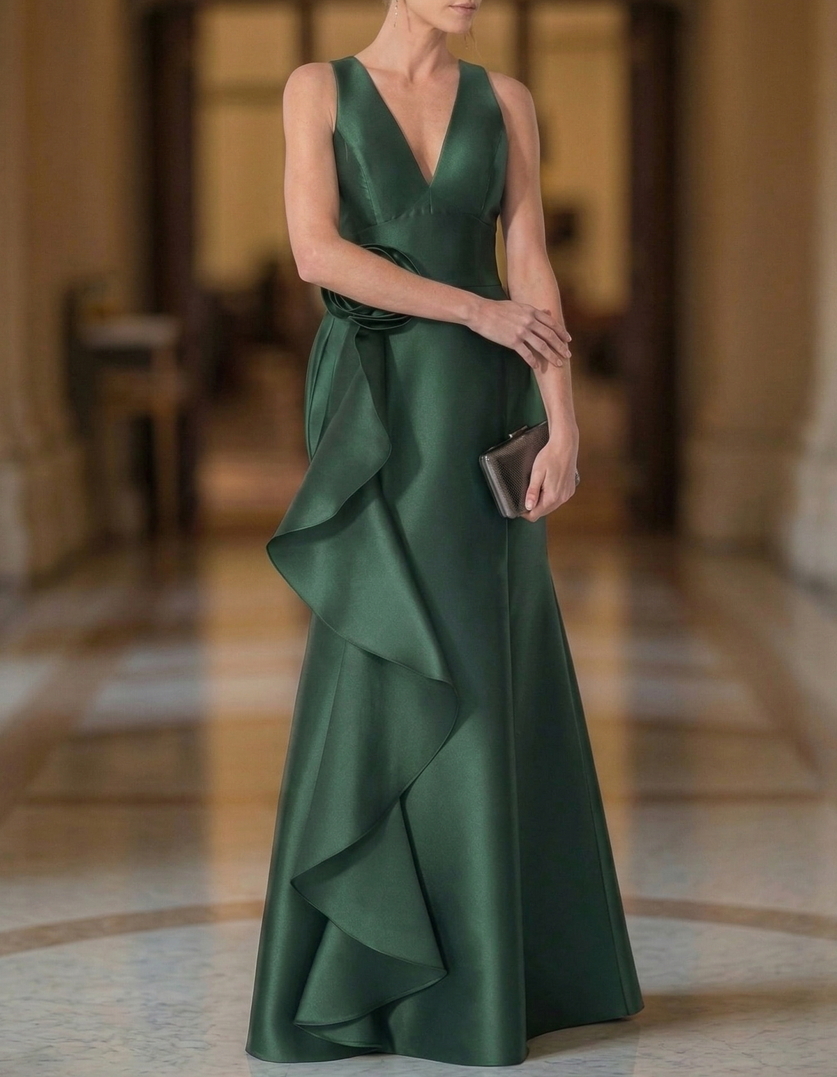 Satin V-neck Fitted Waist Floral Ruffles Maxi Dress