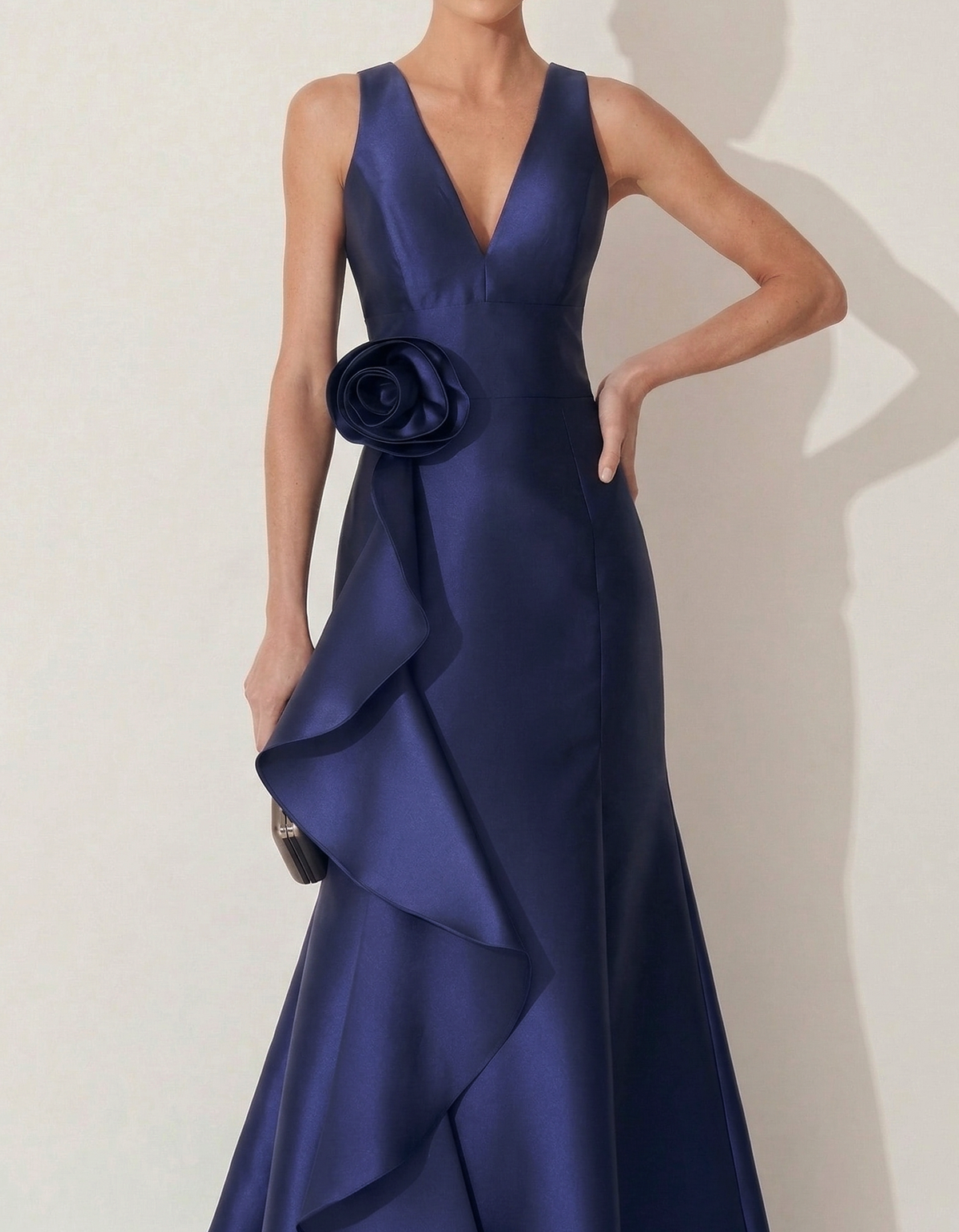 Satin V-neck Fitted Waist Floral Ruffles Maxi Dress