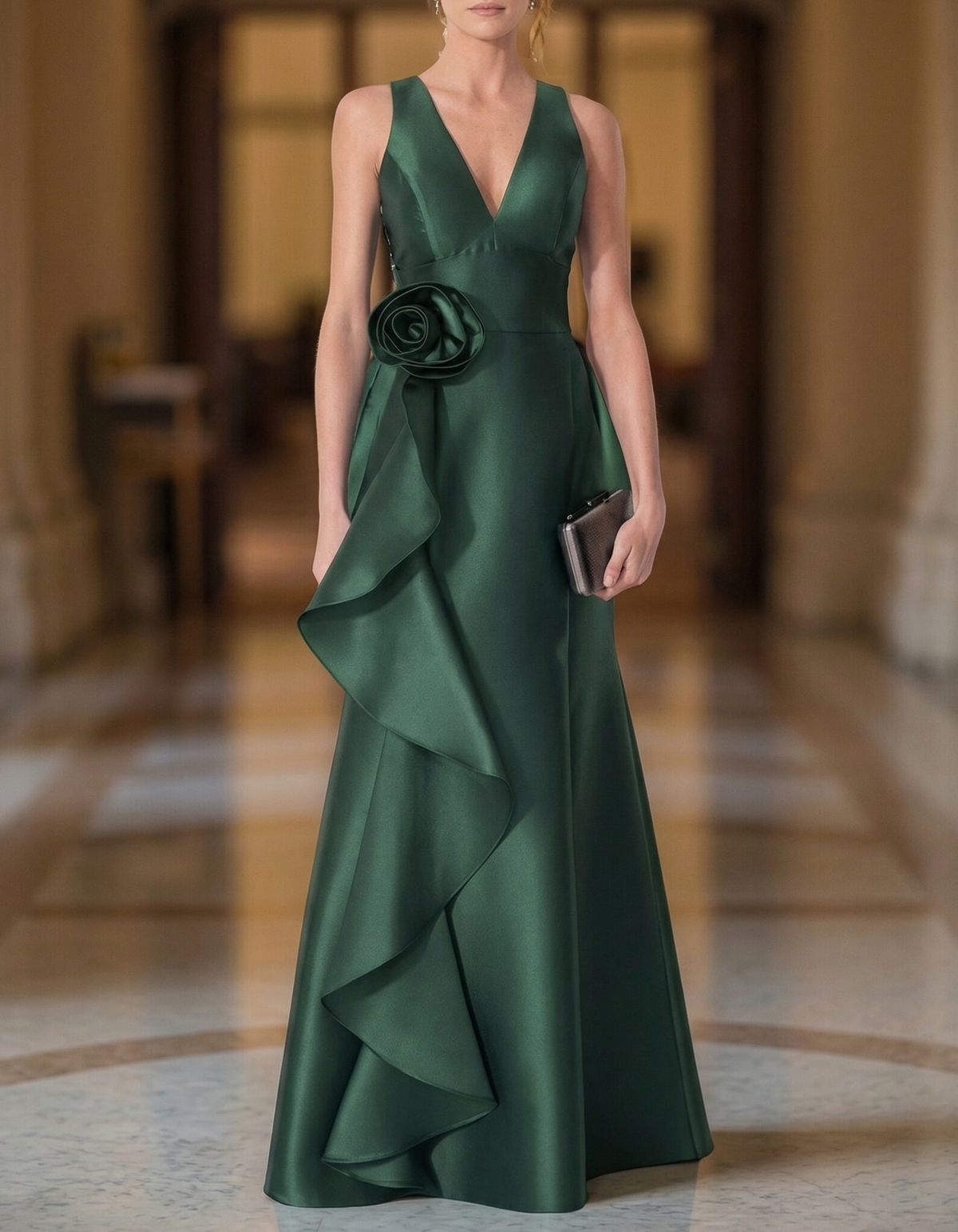Satin V-neck Fitted Waist Floral Ruffles Maxi Dress