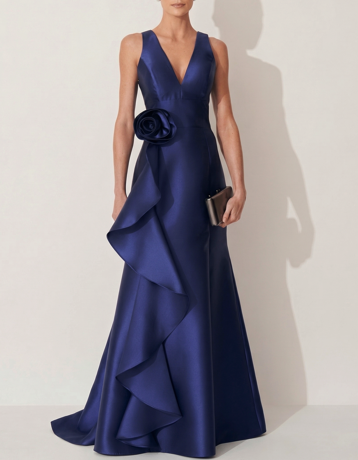 Satin V-neck Fitted Waist Floral Ruffles Maxi Dress