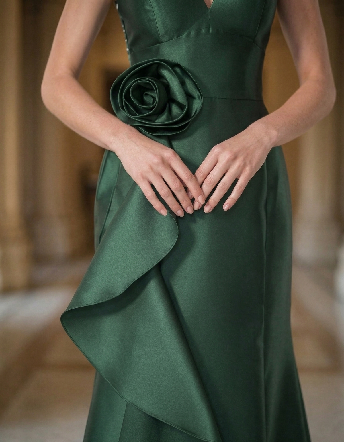 Satin V-neck Fitted Waist Floral Ruffles Maxi Dress