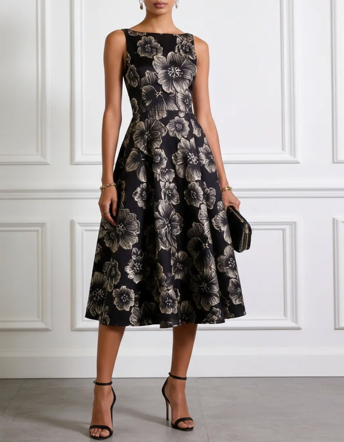 Vestido midi acampanado sin mangas con cintura entallada y estampado floral negro y dorado