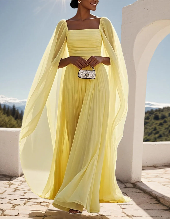 Light Yellow Square Neck Cape Sleeve Pleated Chiffon Maxi Dress