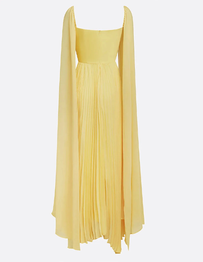 Light Yellow Square Neck Cape Sleeve Pleated Chiffon Maxi Dress